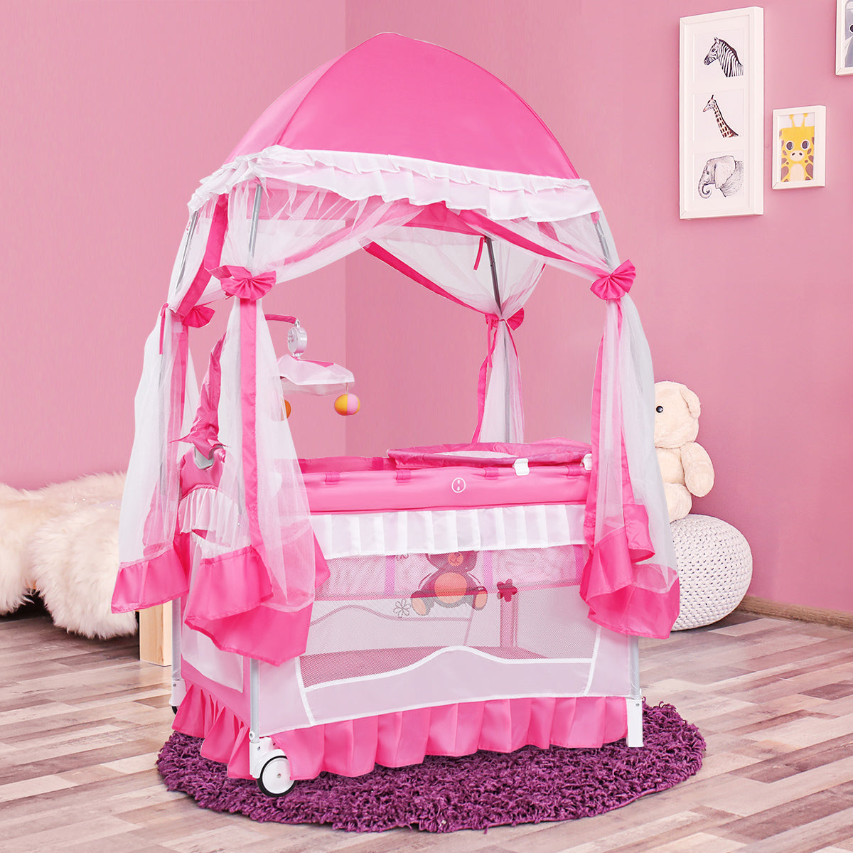 Portable Baby Playpen Crib Cradle with Carrying Bag-Pink