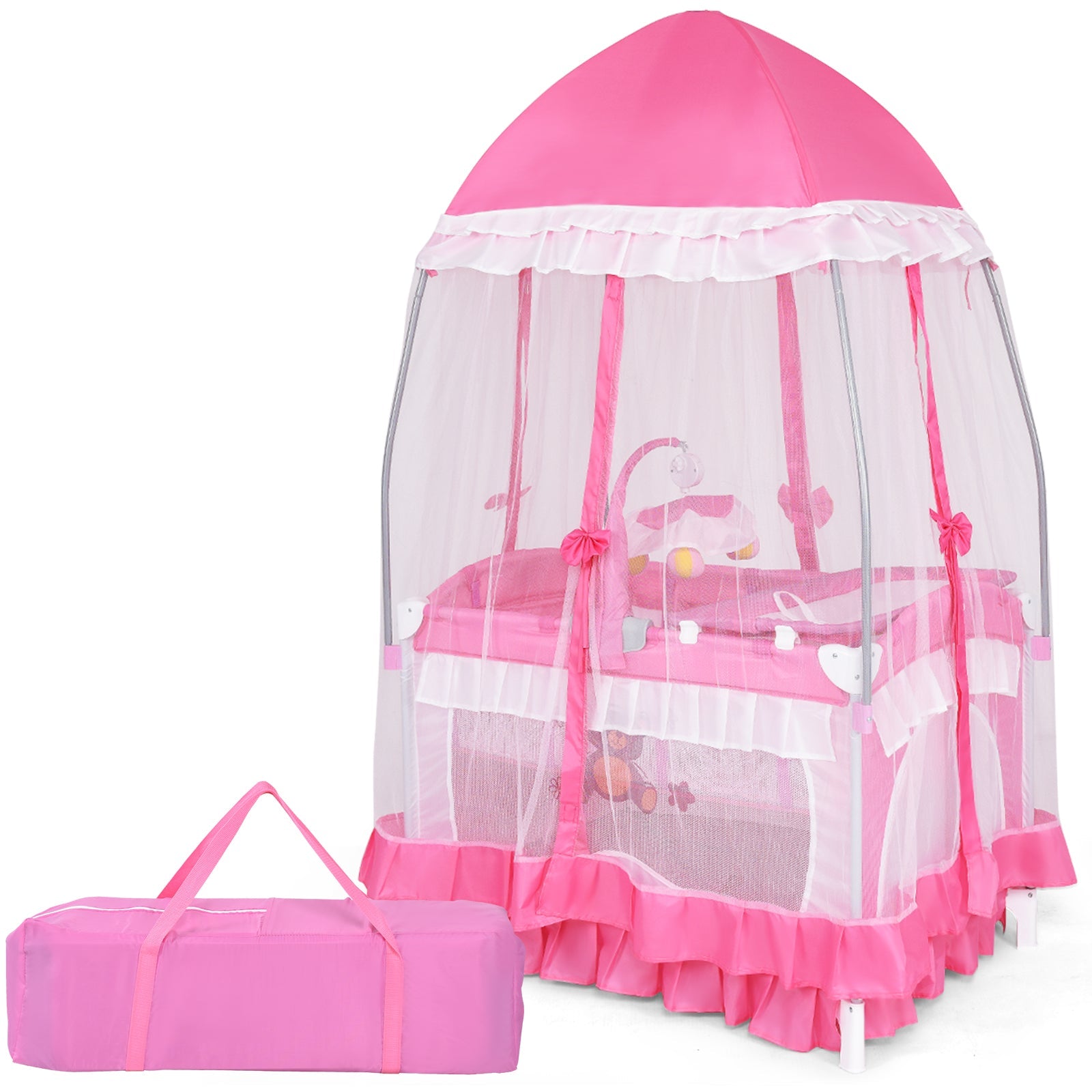 Portable Baby Playpen Crib Cradle with Carrying Bag-Pink