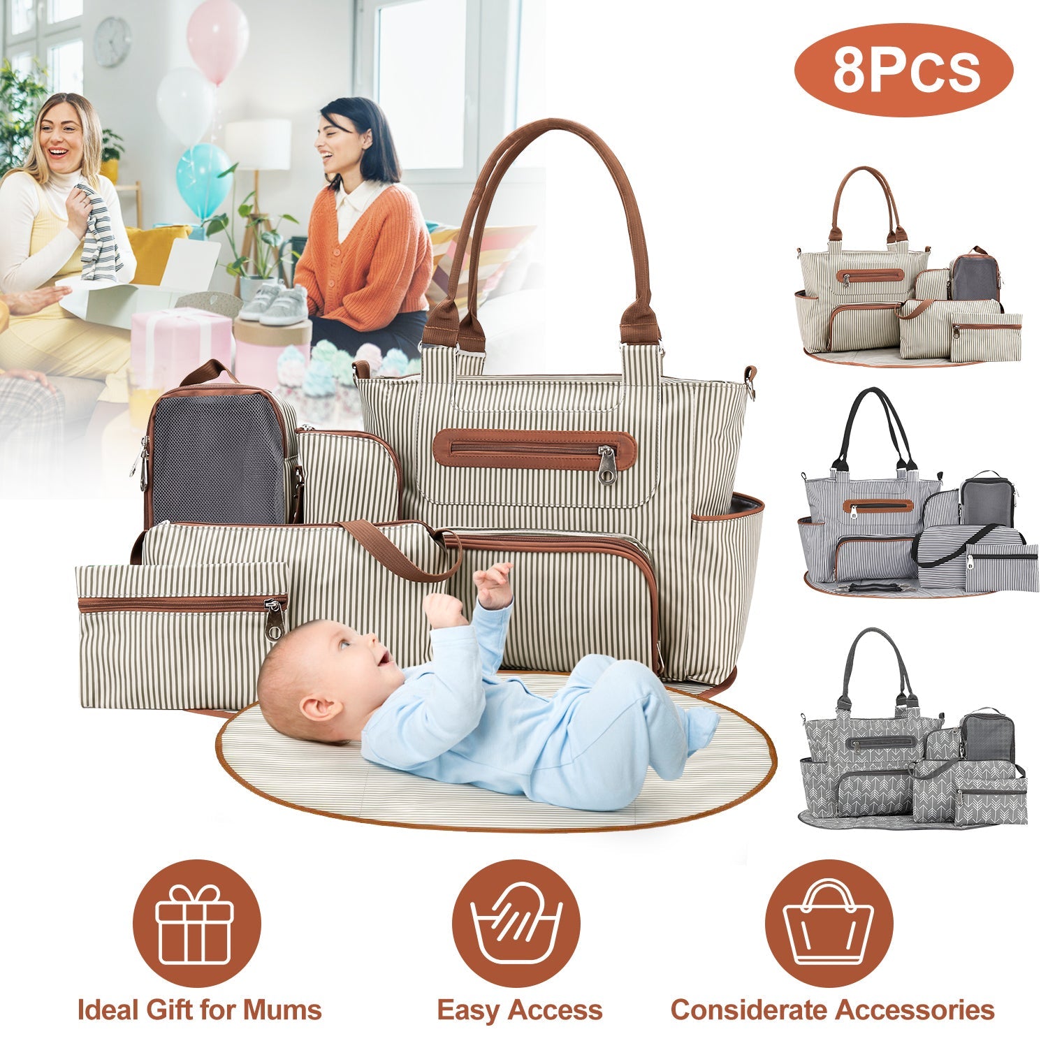 8Pcs Baby Nappy Diaper Bags Set