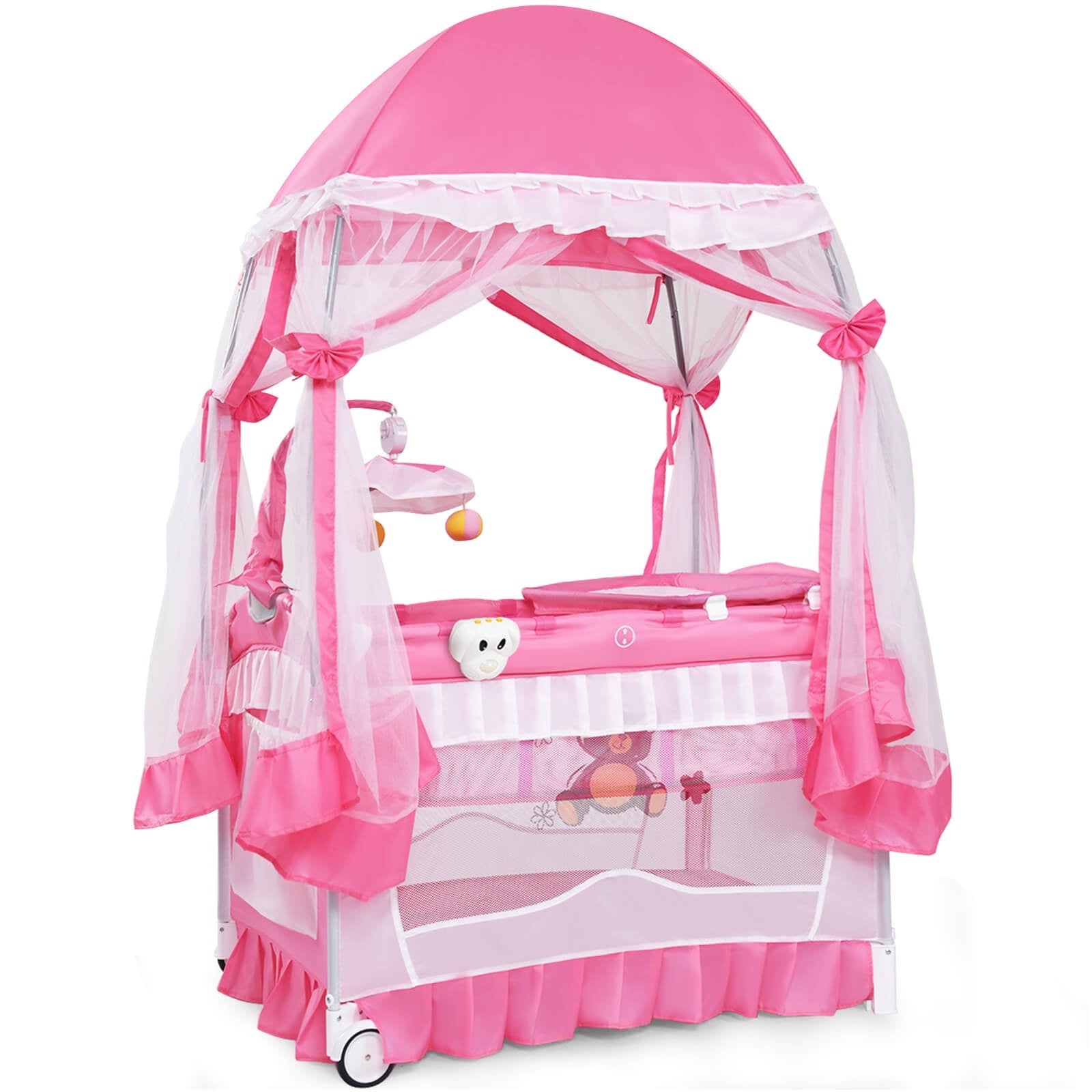 Portable Baby Playpen Crib Cradle with Carrying Bag-Pink