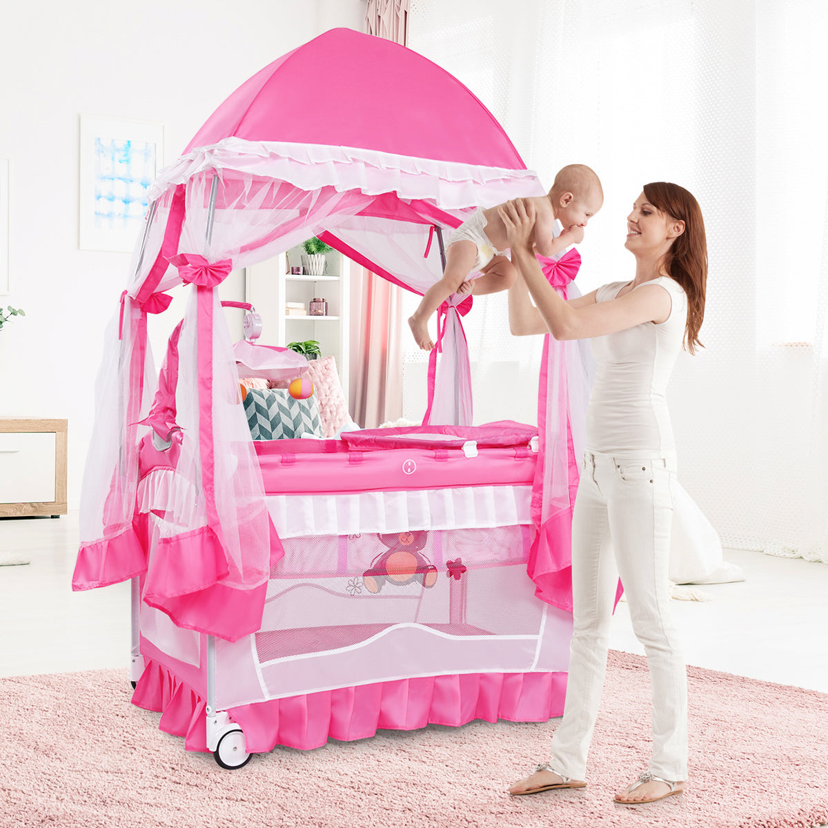 Portable Baby Playpen Crib Cradle with Carrying Bag-Pink