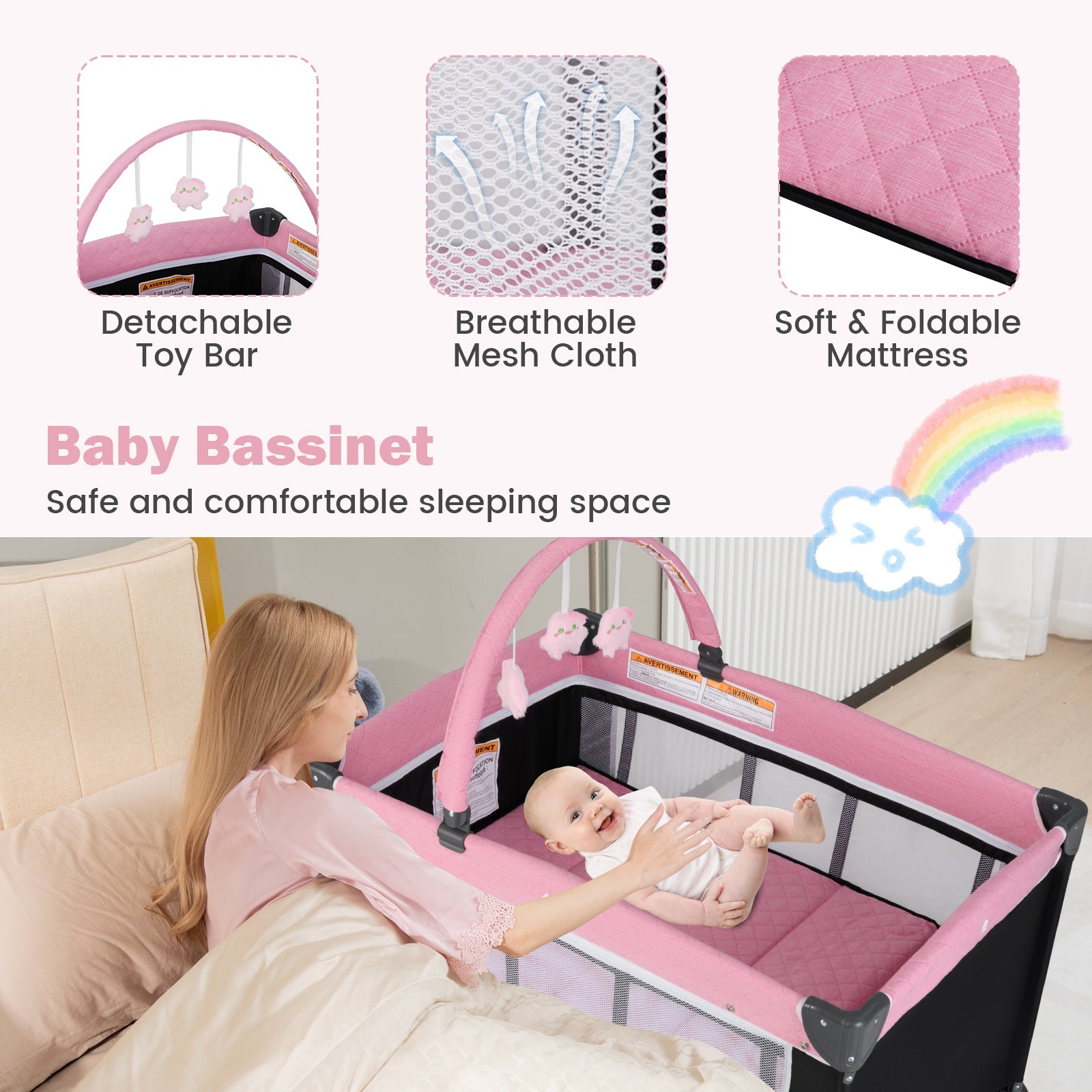 3-in-1 Portable Baby Crib and Playpen with Changing Table-Pink