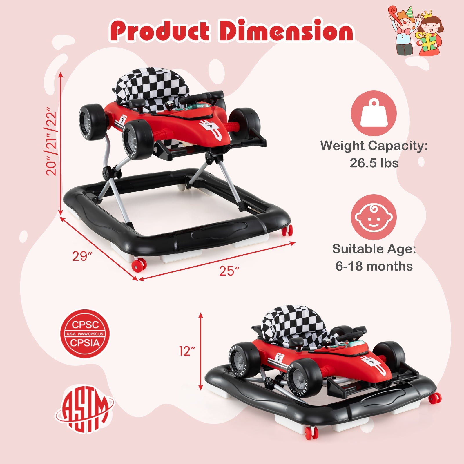 4-in-1 Baby Push Walker Activity Center Height Adjustable with Music Box-Red