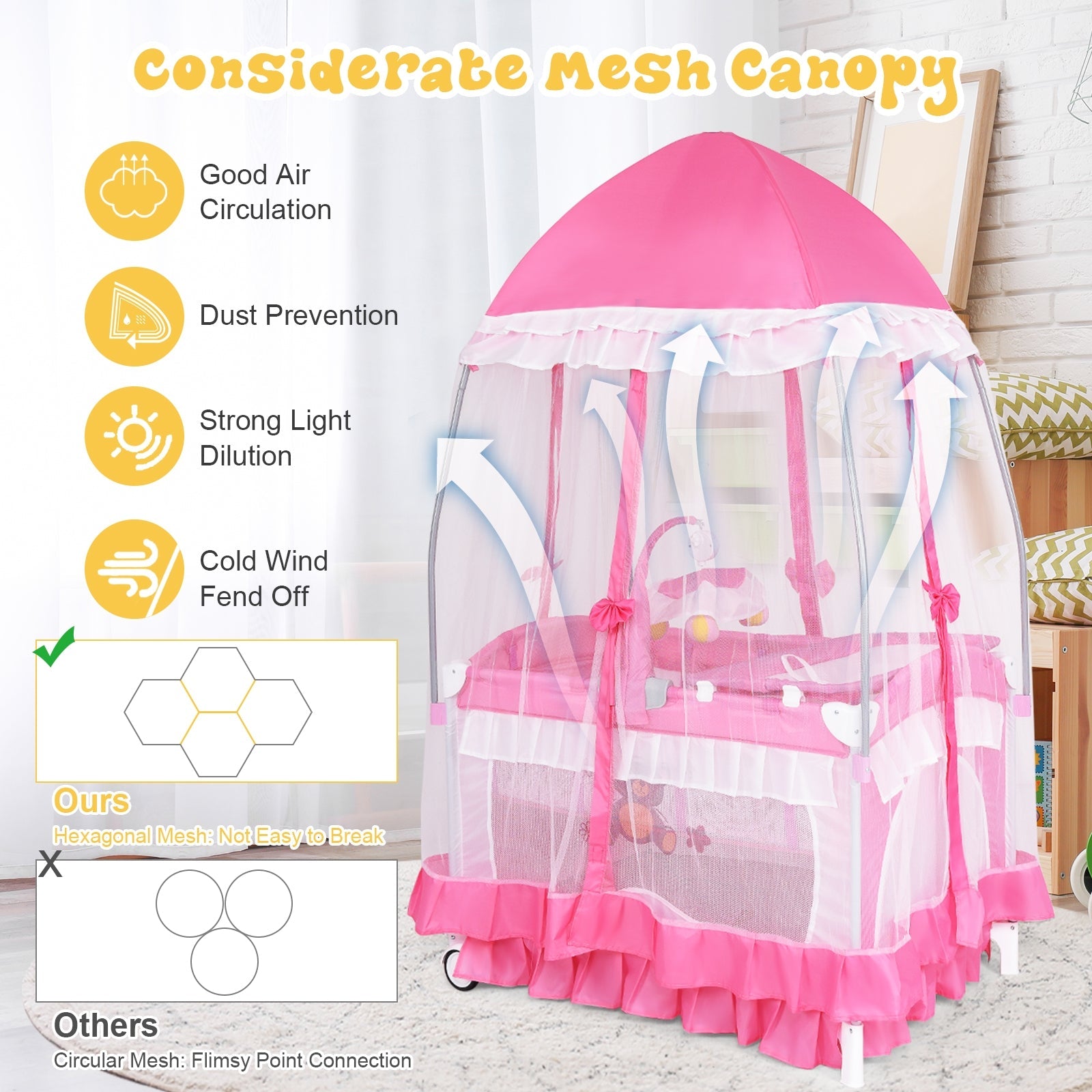 Portable Baby Playpen Crib Cradle with Carrying Bag-Pink