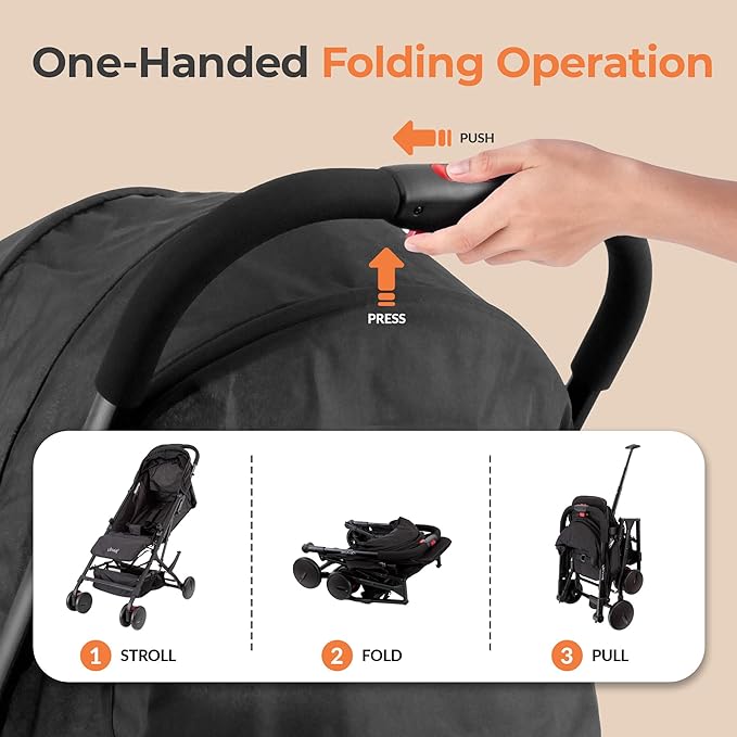Jovial Lightweight Baby Stroller, Folding Travel Stroller with Reclining Seat, Canopy, 5-Point Safety Harness, Storage Basket, Smooth Wheels, Compact Portable Design (39.8" x 18.7" x 32.3")