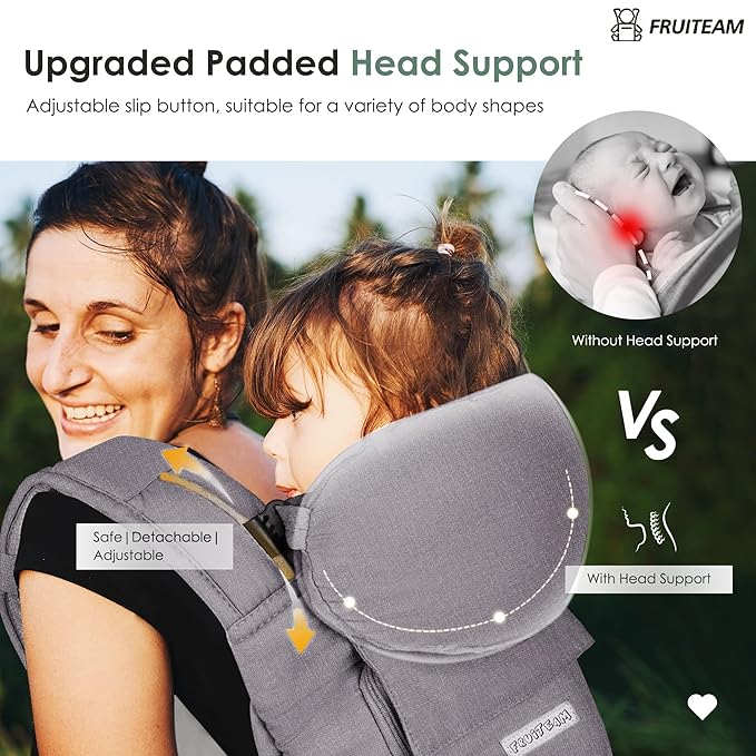 FRUITEAM Baby Carrier Newborn to Toddler, Safety-Certified Baby Waist Stool, Ergonomic 6-in-1 Baby Carrier with Head Support, Adjustable & Removable Baby Holder for All Seasons, Dark Grey