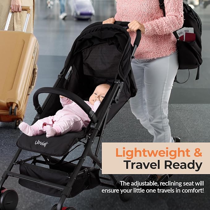 Jovial Lightweight Baby Stroller, Folding Travel Stroller with Reclining Seat, Canopy, 5-Point Safety Harness, Storage Basket, Smooth Wheels, Compact Portable Design (39.8" x 18.7" x 32.3")