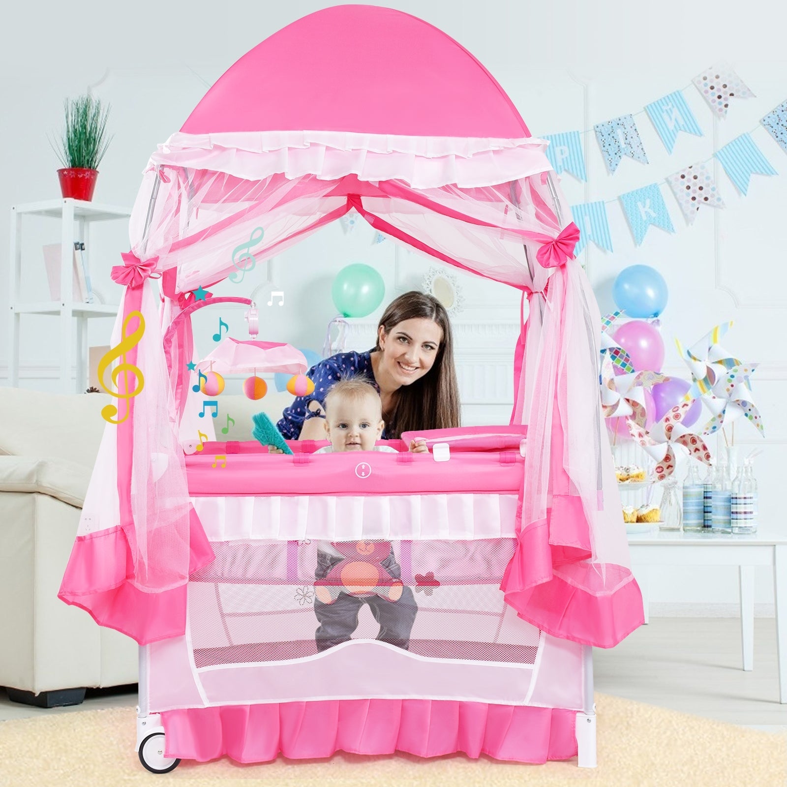 Portable Baby Playpen Crib Cradle with Carrying Bag-Pink