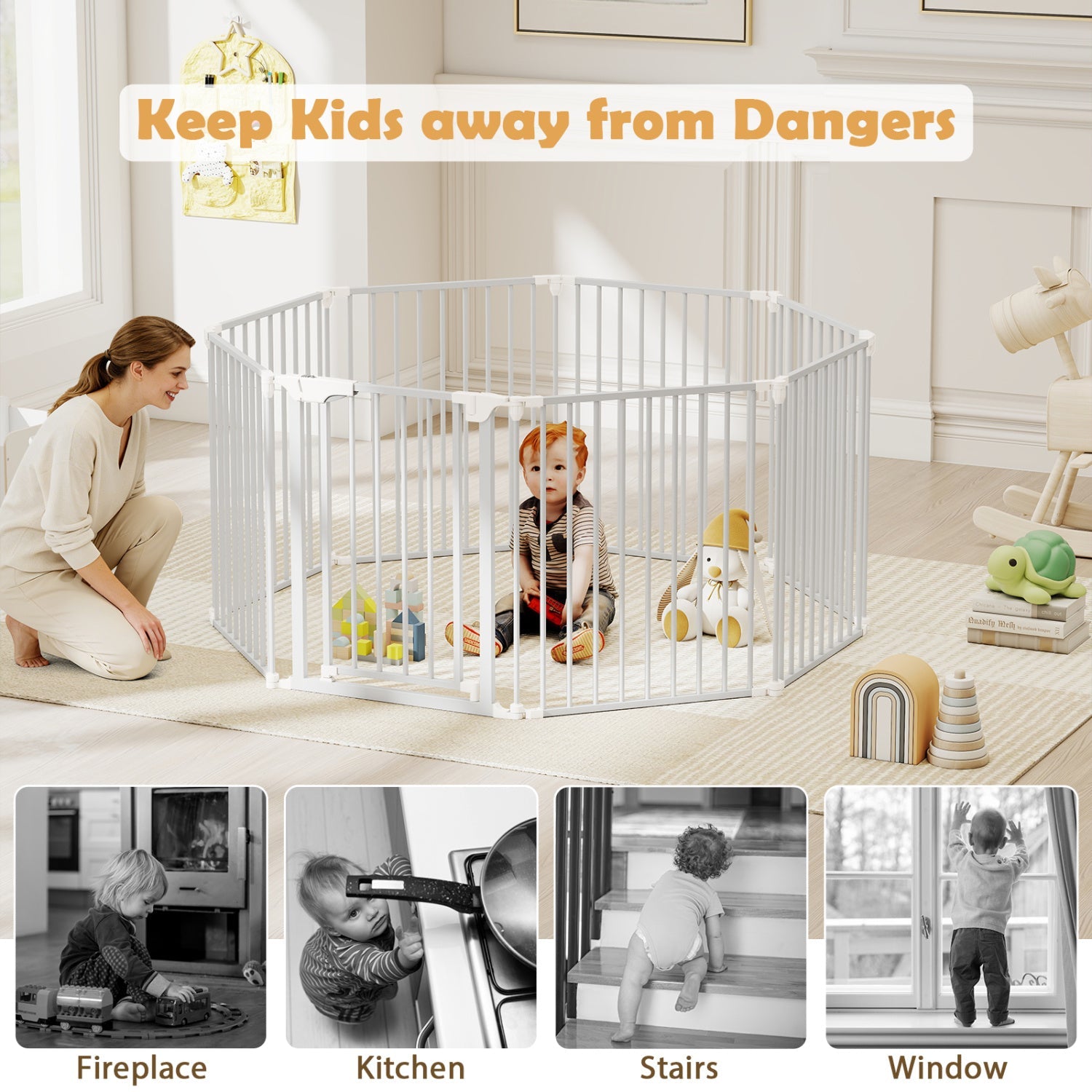 8-Panel Extra Wide Baby Gate Adjustable Fence with Auto-close Door