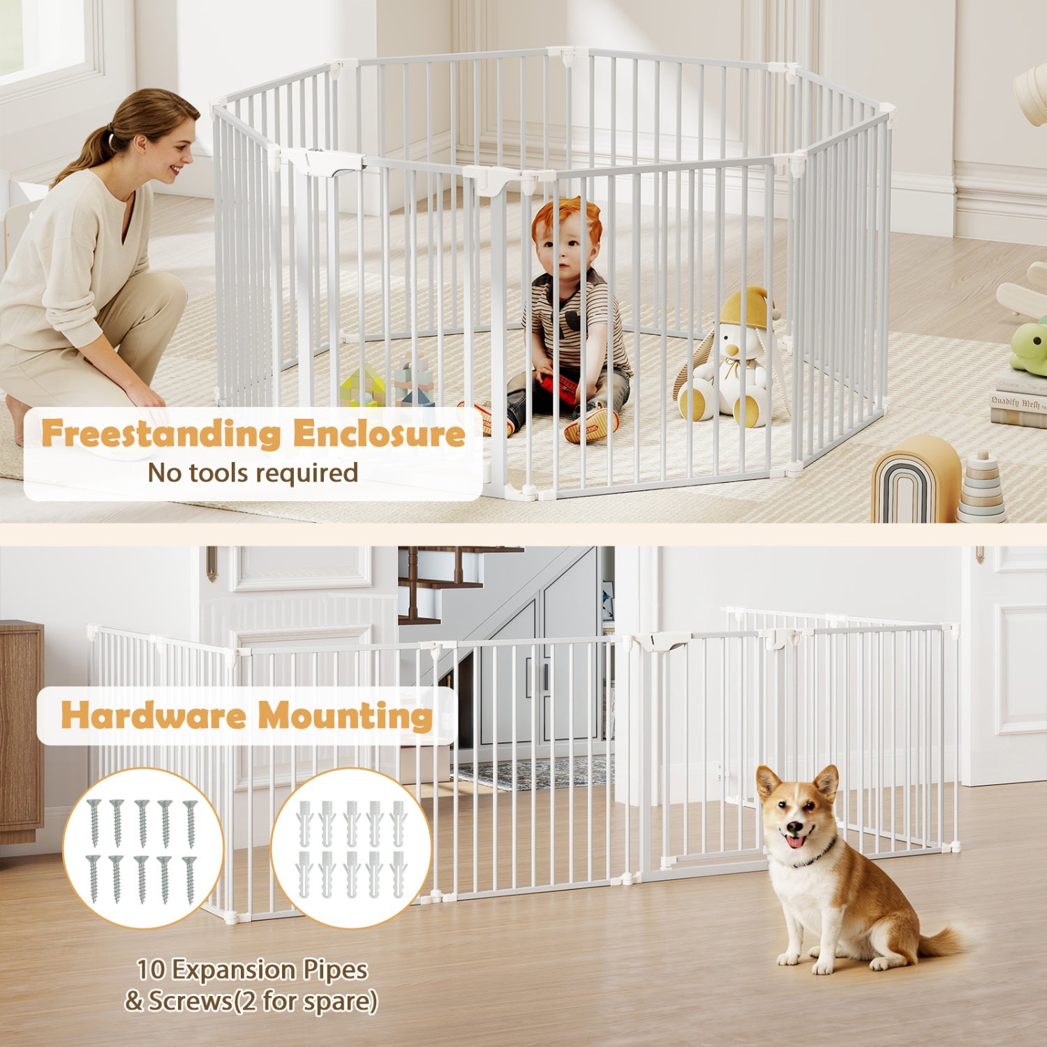 8-Panel Extra Wide Baby Gate Adjustable Fence with Auto-close Door