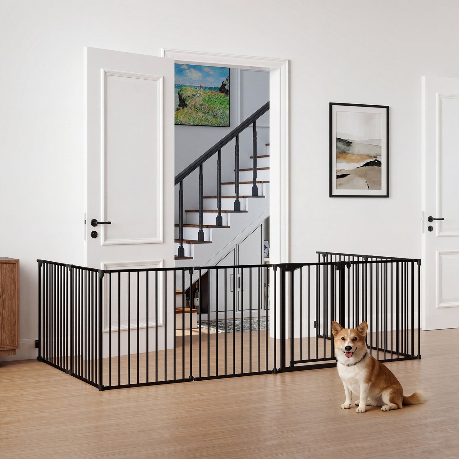 8-Panel Extra Wide Baby Gate Adjustable Fence with Auto-close Door