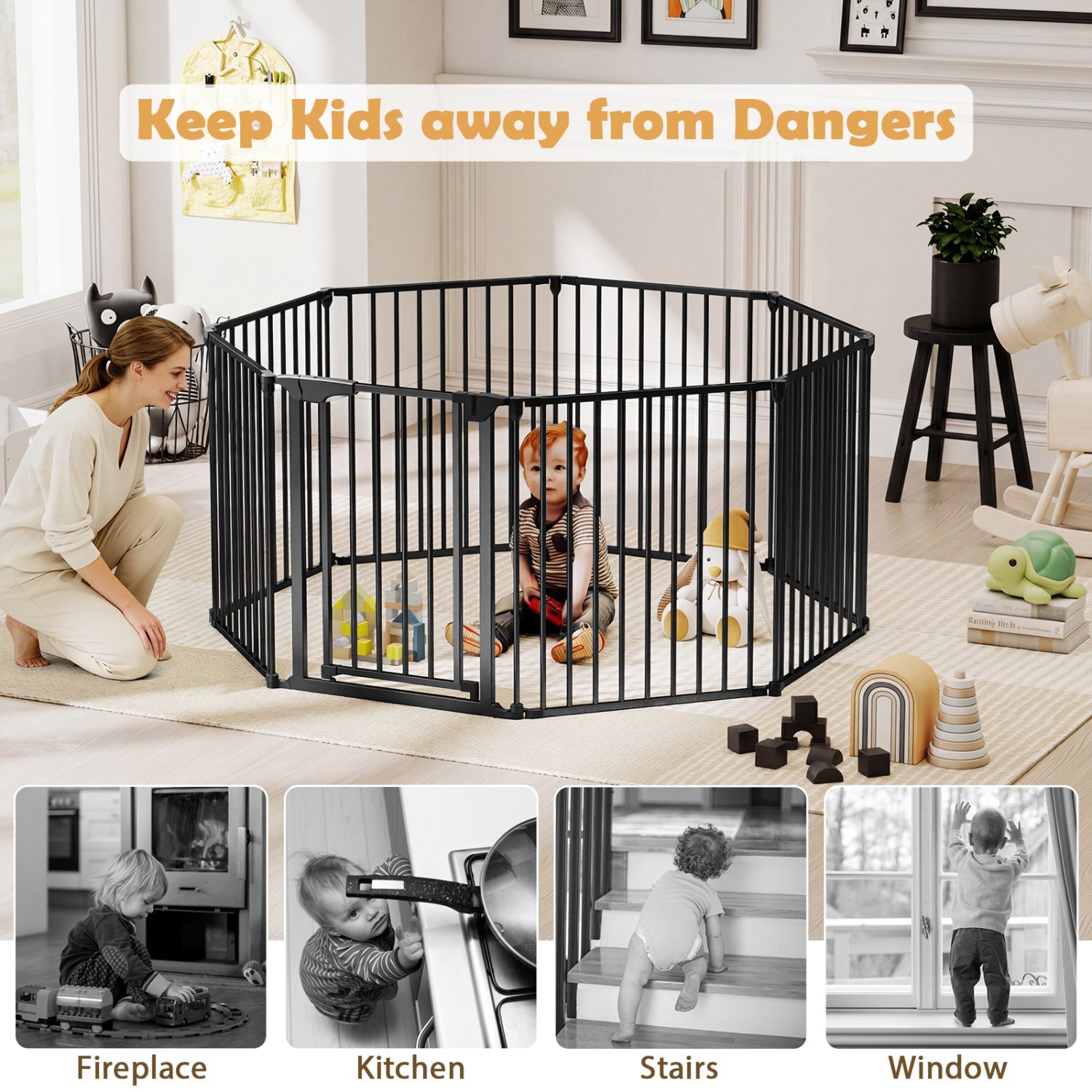 8-Panel Extra Wide Baby Gate Adjustable Fence with Auto-close Door