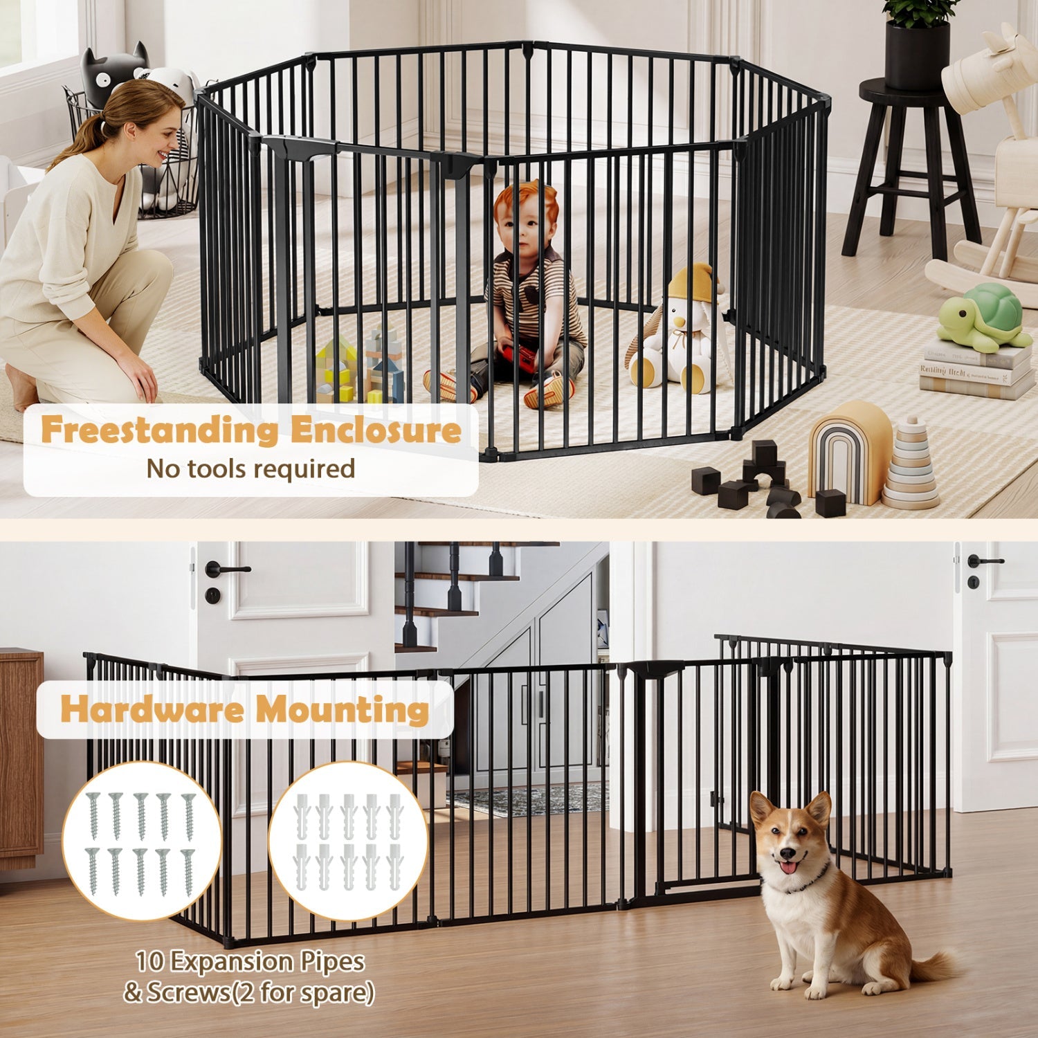 8-Panel Extra Wide Baby Gate Adjustable Fence with Auto-close Door