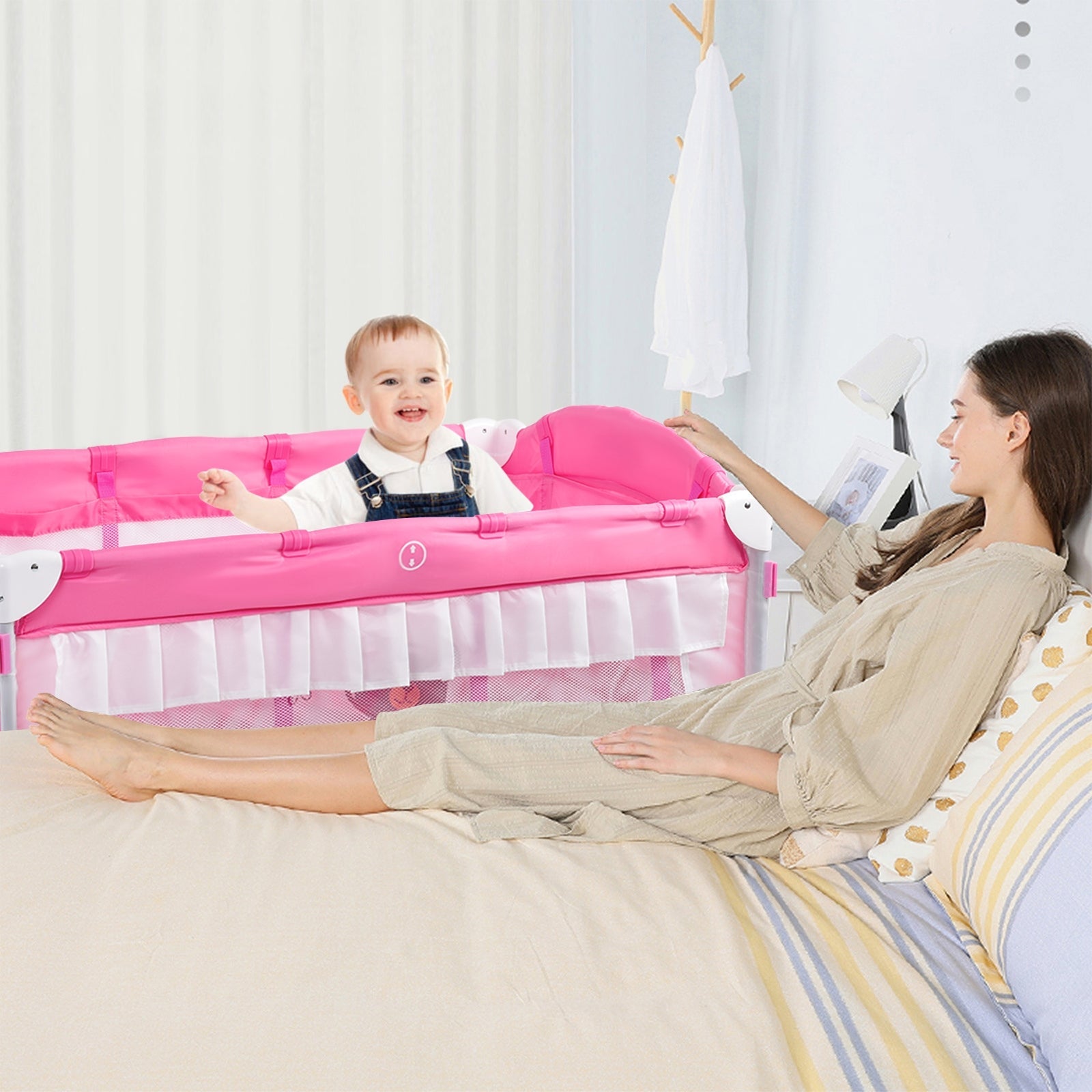 Portable Baby Playpen Crib Cradle with Carrying Bag-Pink