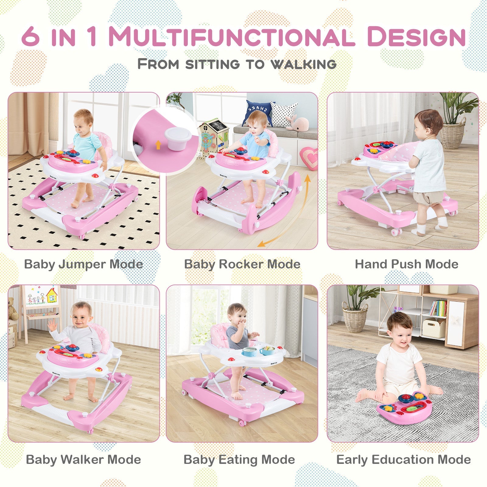 6 in 1 Foldable Baby Walker with Adjustable Height-Pink