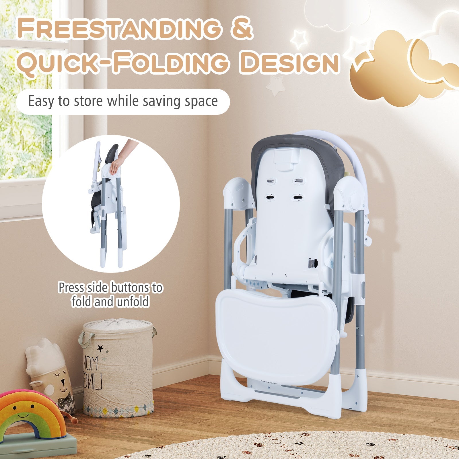 Foldable Baby High Chair with Adjustable Height and Relining Seat