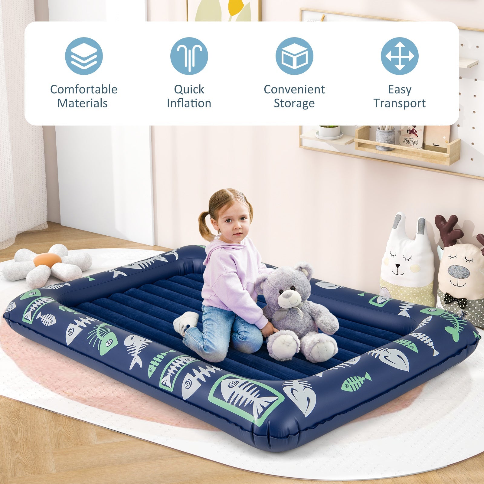 Inflatable Toddler Travel Bed with Electric Pump and Raised Bed Rails-Blue