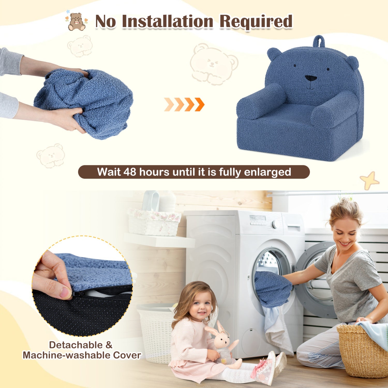 Kids Bear Sofa Toddler Foam Couch with Soft Fleece Fabric Cover