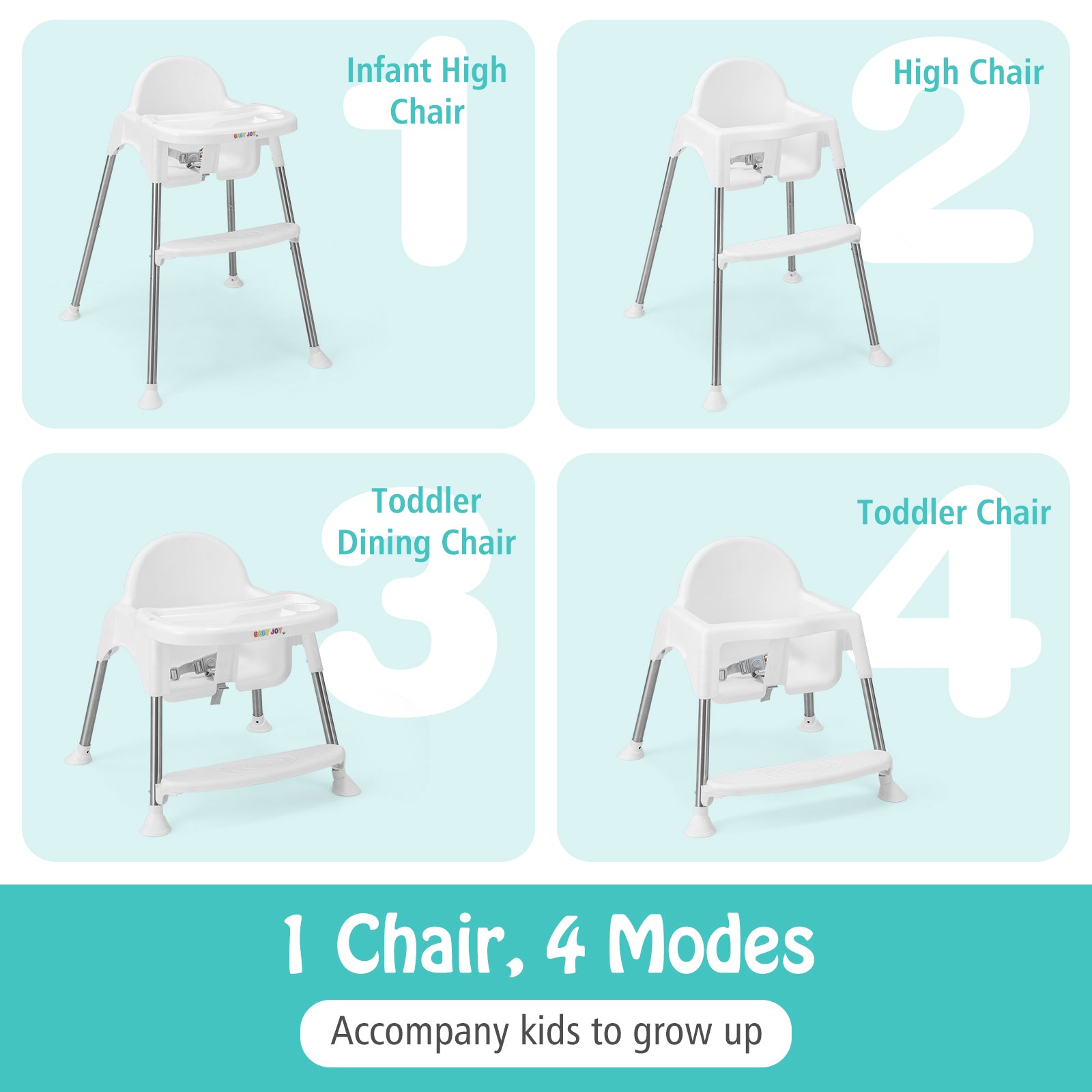 4-in-1 Convertible Baby High Chair with Removable Double Tray-White