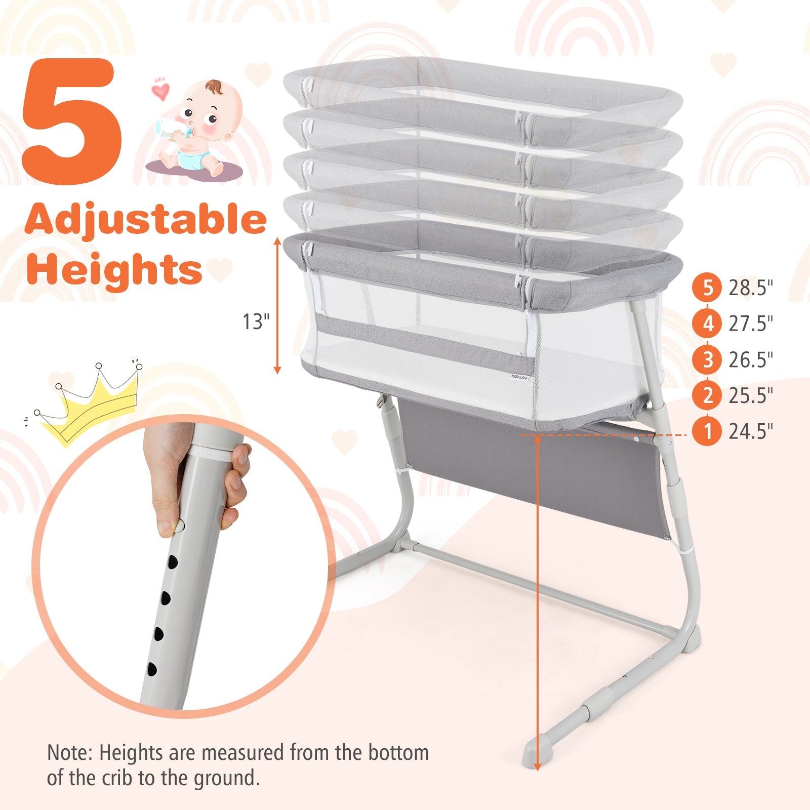 Baby Bassinet Bedside Crib with Adjustable Height Comfy Mattress-Gray