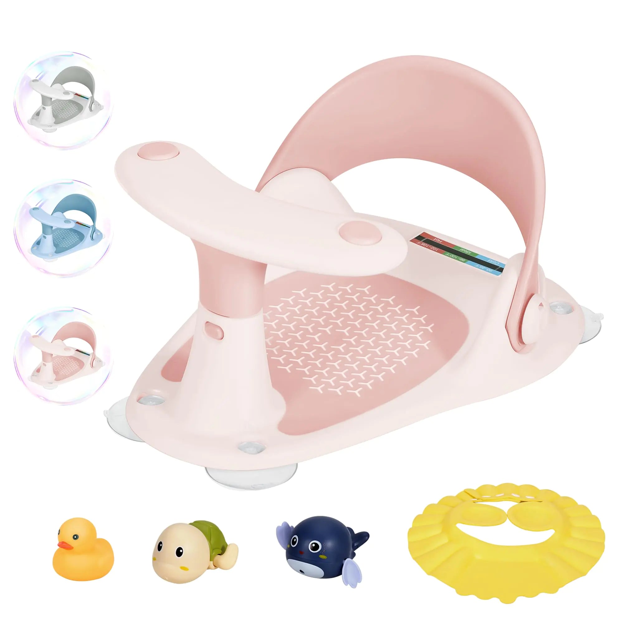 Wddbb Baby Bath Seat 6-24 Months | Baby Bath Support | Toddler Bath Seat with Water Thermometer | 4 Strong Suction Cup/3 Bath Toys/Shower Cap Baby Bath Seats for Sitting up in The tub(Pink) - # BAGE11110014